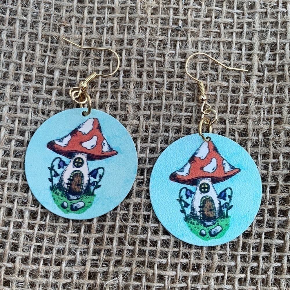 Nwt Handmade Mushroom House Earrings